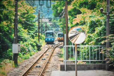 緑の山間を走る電車