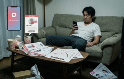 ソファに横になってスマートフォンを見る男性