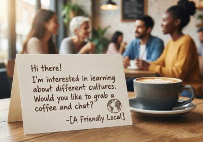 異文化に興味がありコーヒーを飲みながら話したいという英語の誘い文を添えた、カフェの交流風景
