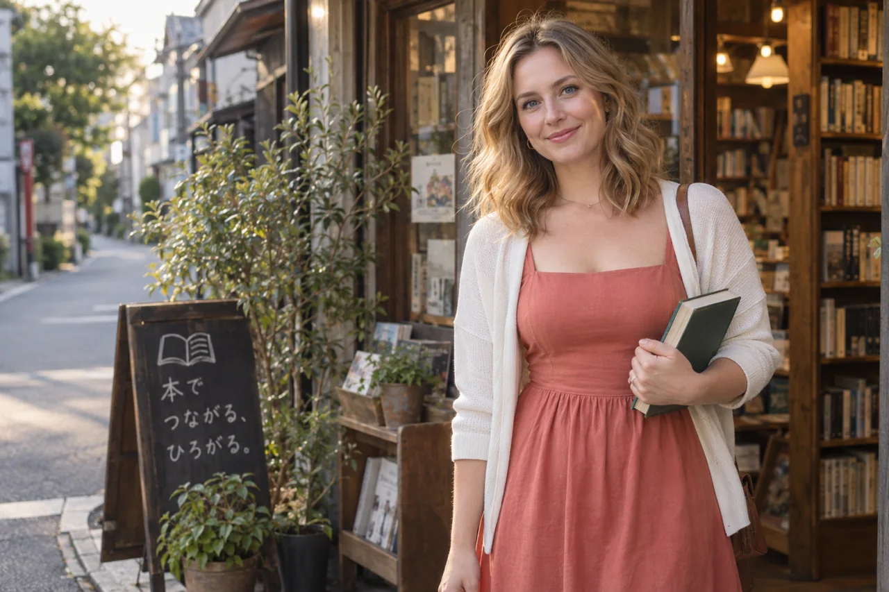 書店の前で本を抱えて微笑むピンクのワンピースの女性