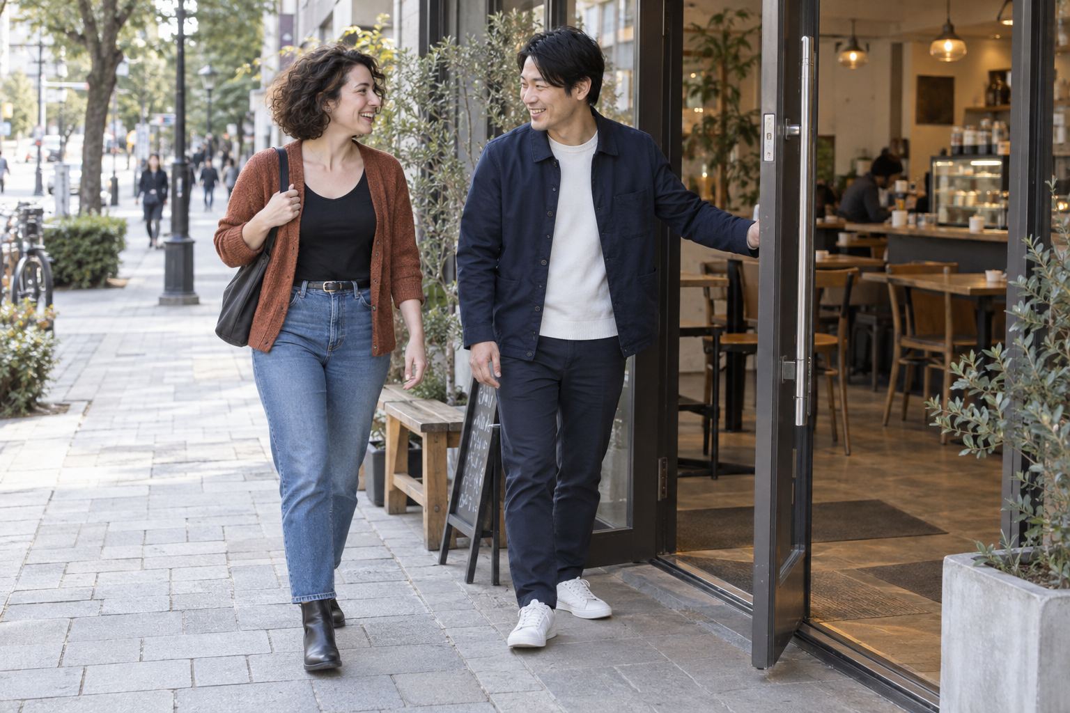 カフェの入口で自然にドアを支える男性と女性