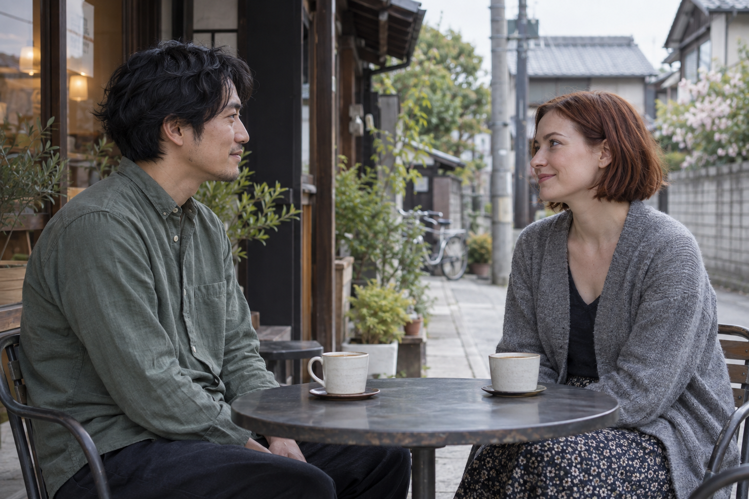 カフェの屋外席で向かい合って会話する男女