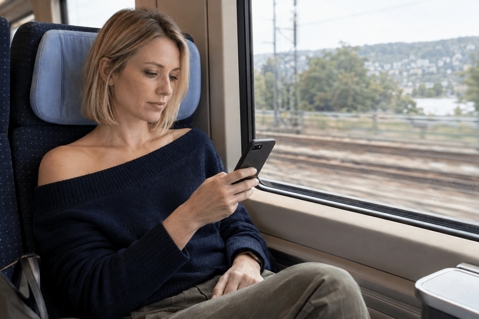 列車の窓際でスマートフォンのメッセージを読む女性