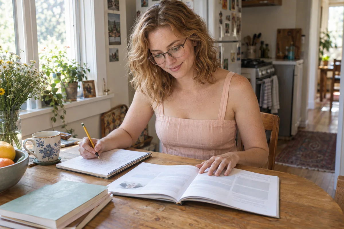窓辺のテーブルで本を開きノートに書き込む眼鏡の女性