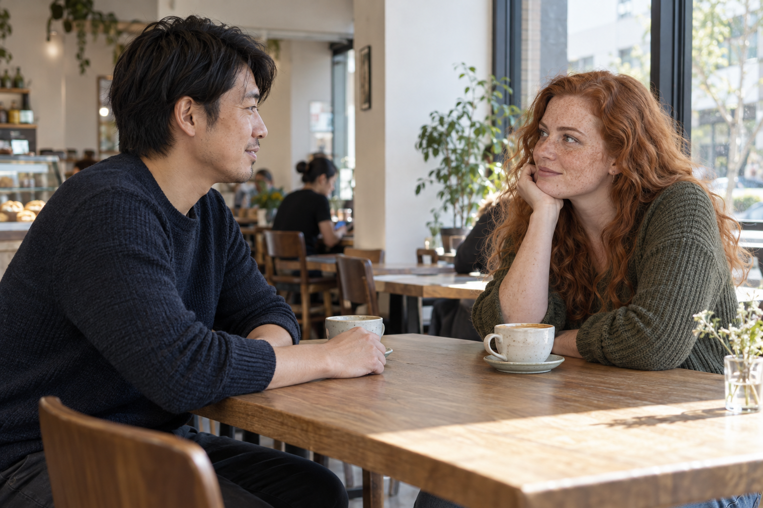 煙のないカフェで落ち着いて会話する男女