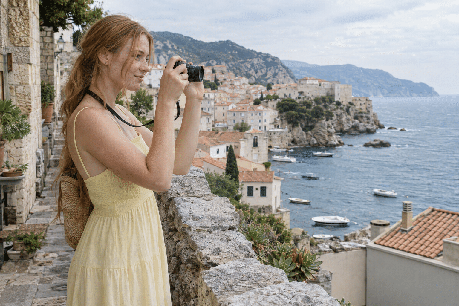 旅行先の海辺の街で写真を撮る女性