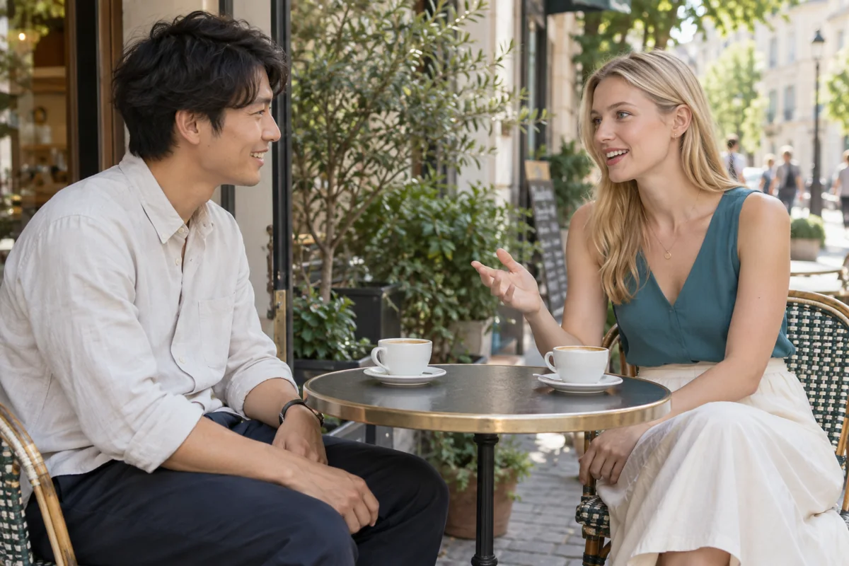 カフェのテラスで向かい合って会話を楽しむ男女