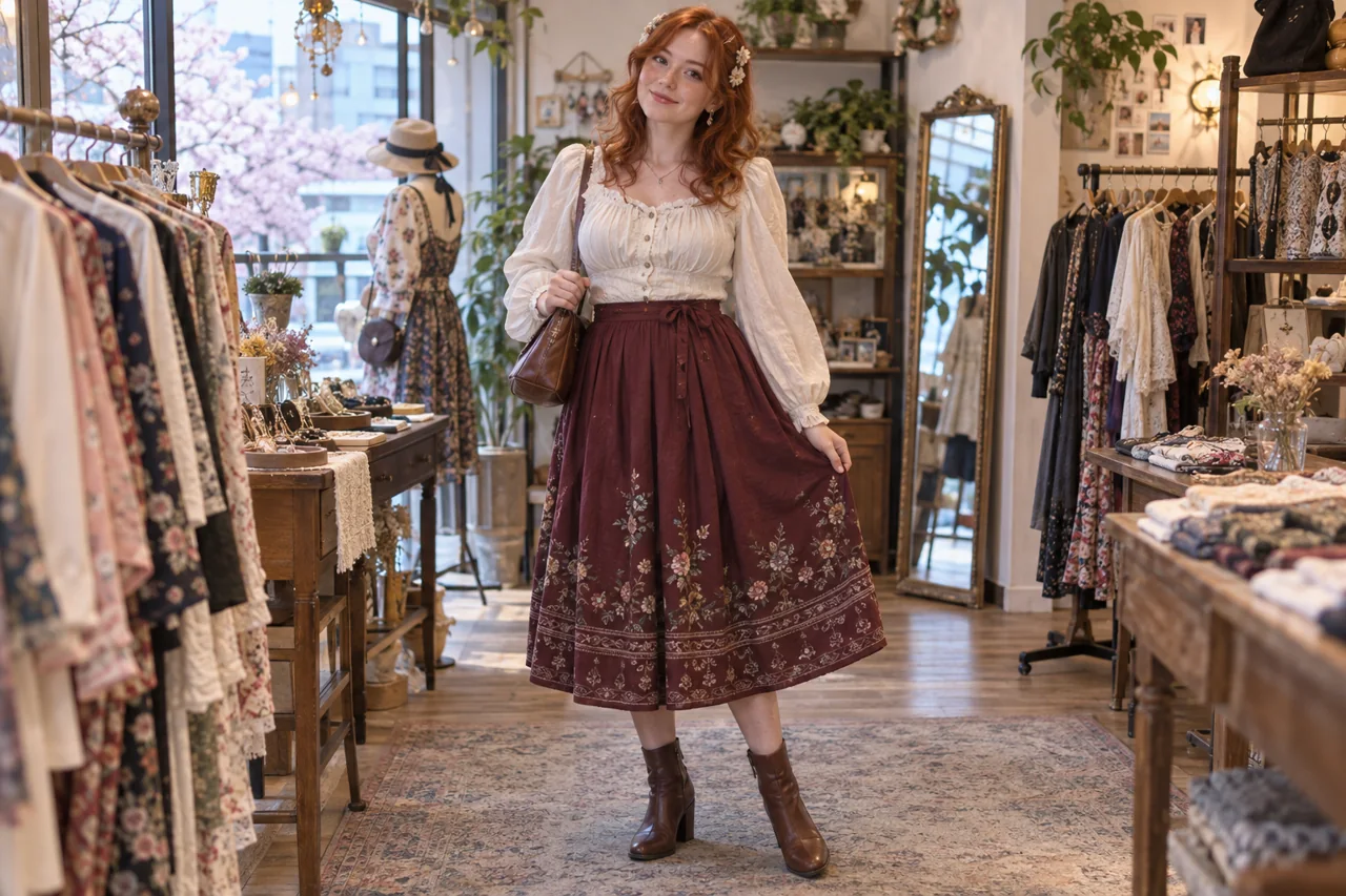 刺しゅうのスカートと小物のコーディネートを楽しむ成人女性