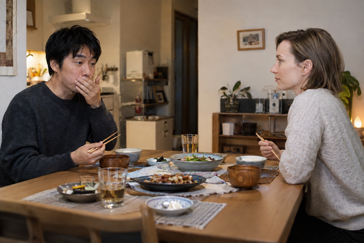 食事の席で口元を押さえる男性のイメージ
