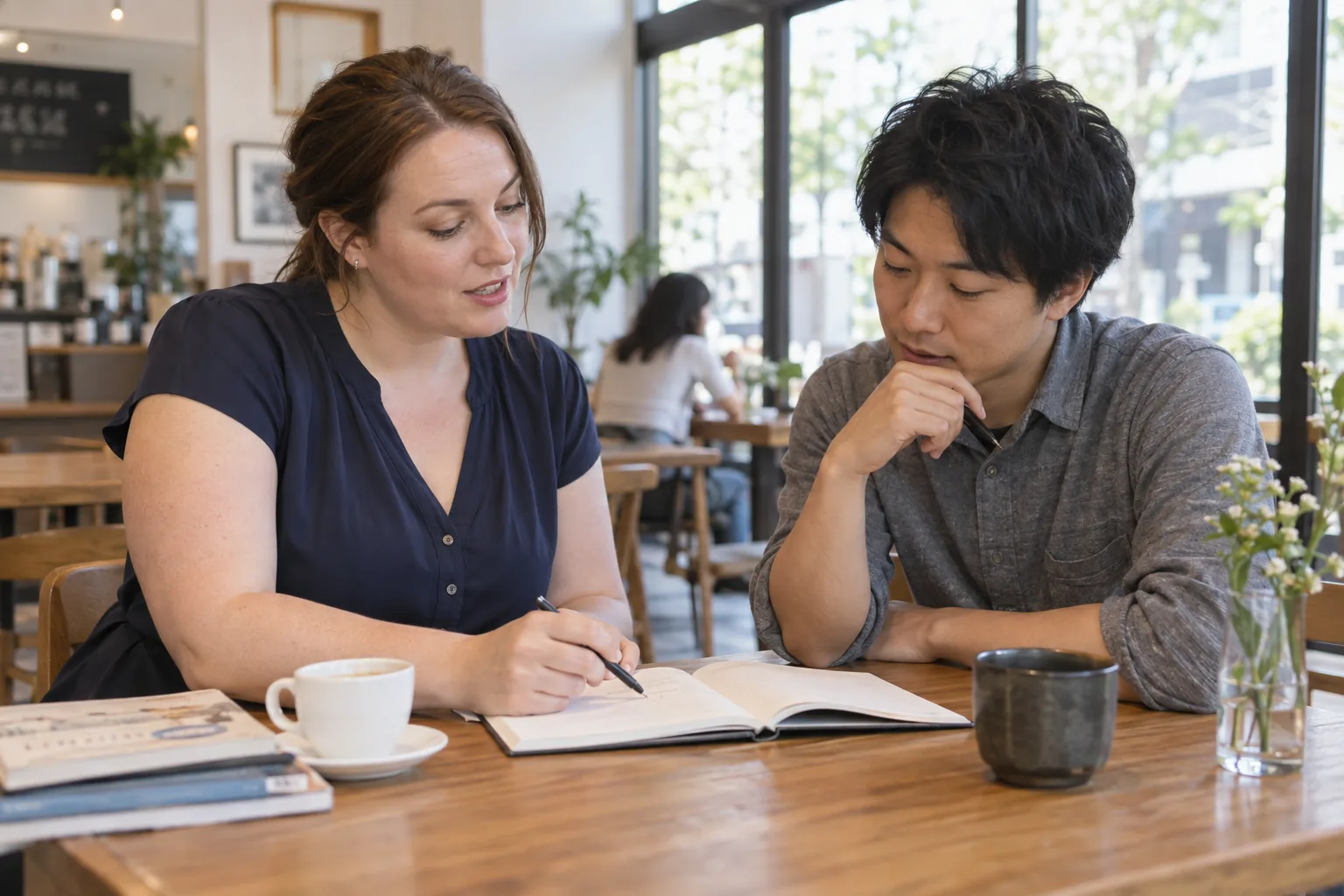 カフェでノートを使って語学レッスンをする二人