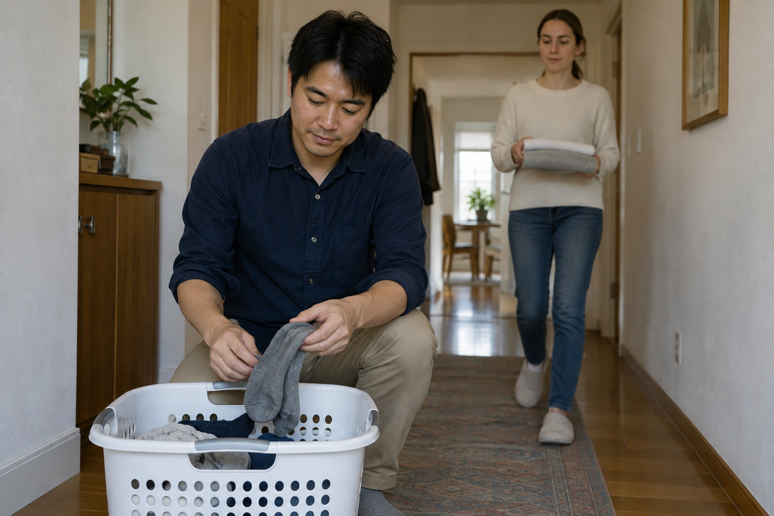 脱いだ靴下を洗濯かごに入れる男性のイメージ