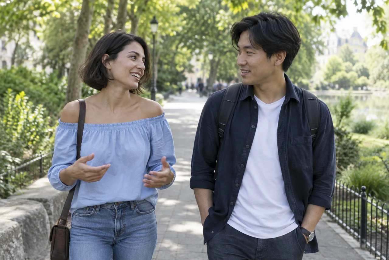 公園を歩きながら会話を楽しむ男女