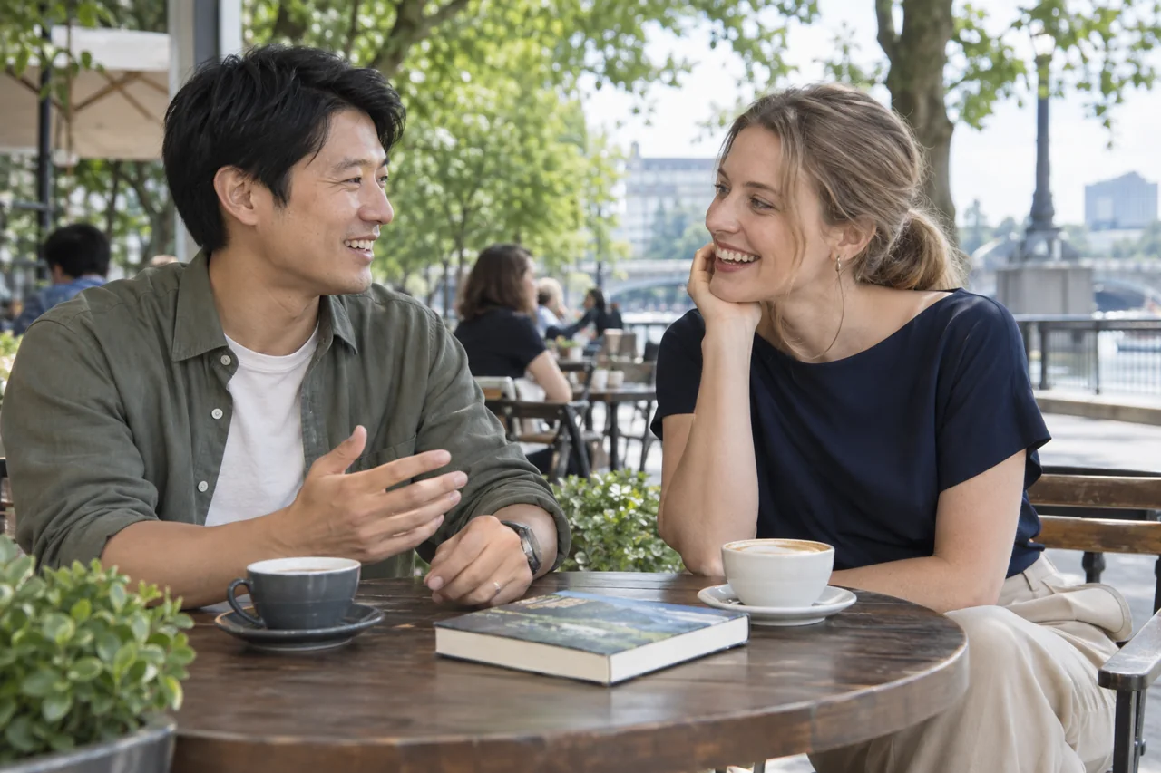 屋外のカフェで本を話題に会話を楽しむ男女