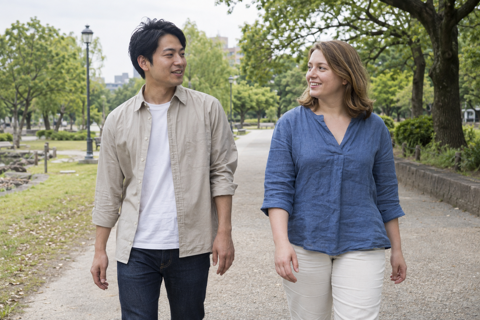 公園の道を並んで歩きながら会話する男女