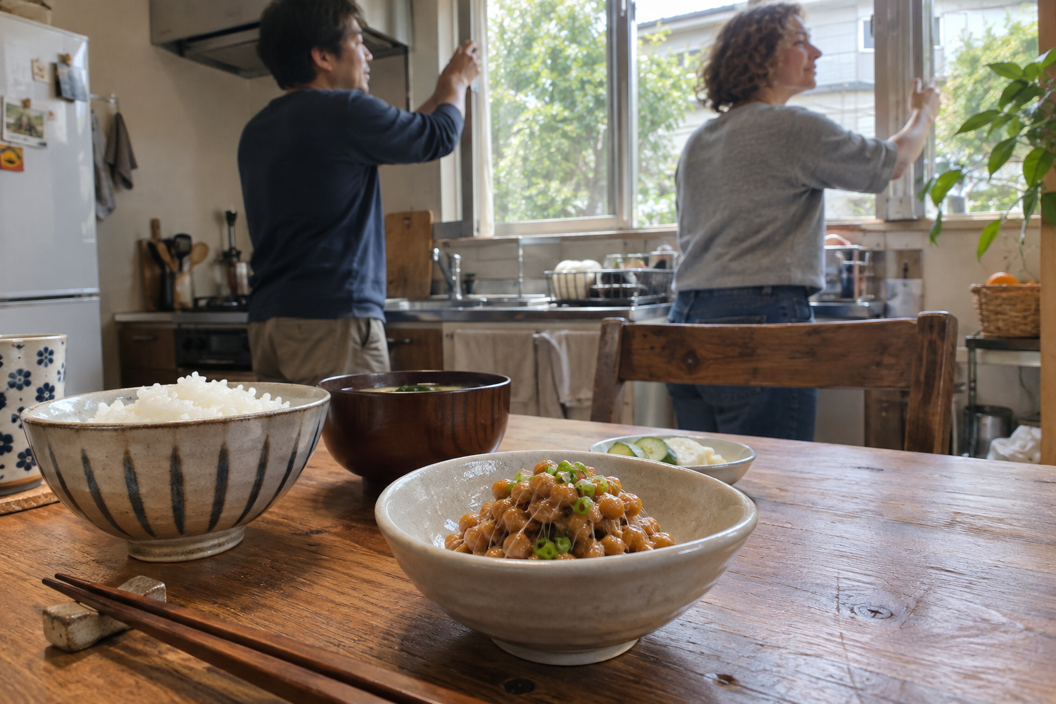 納豆のある朝食と換気する夫婦のイメージ