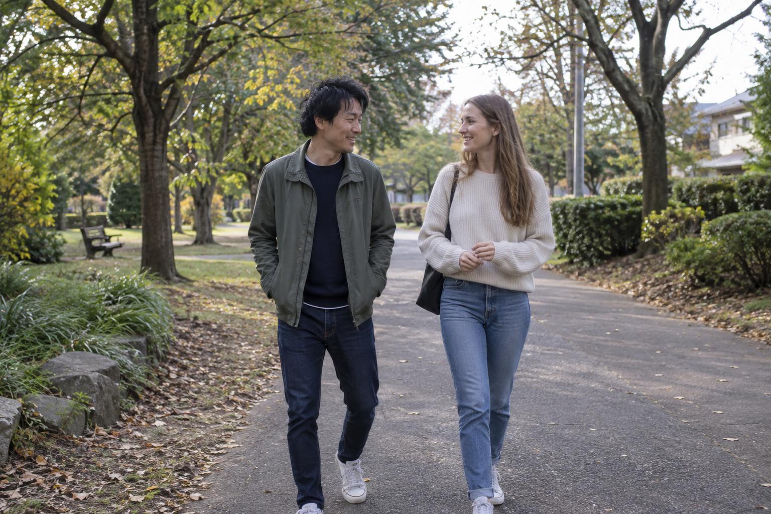 公園で会話しながら歩く夫婦のイメージ