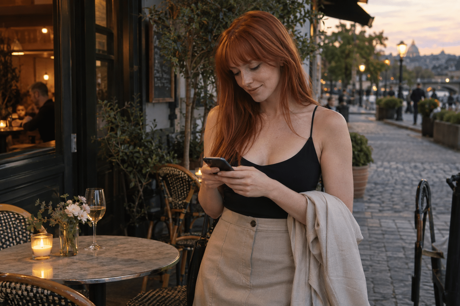 夕方のカフェを出る前にスマートフォンへ短く返事する女性