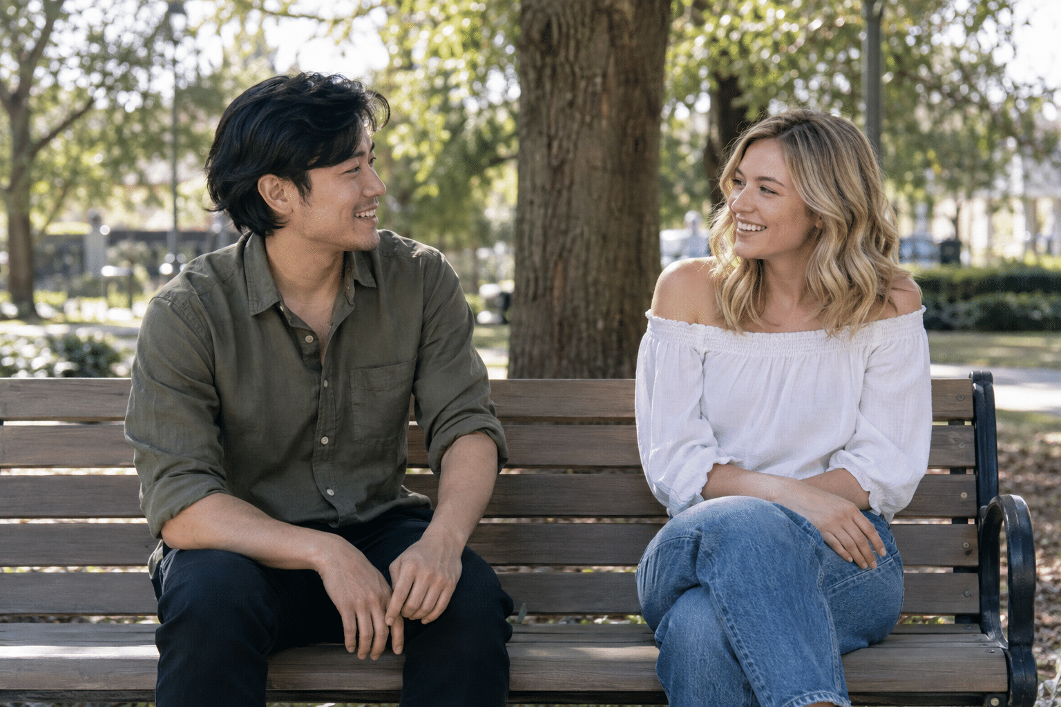 公園のベンチで日本人男性と自然に会話する女性