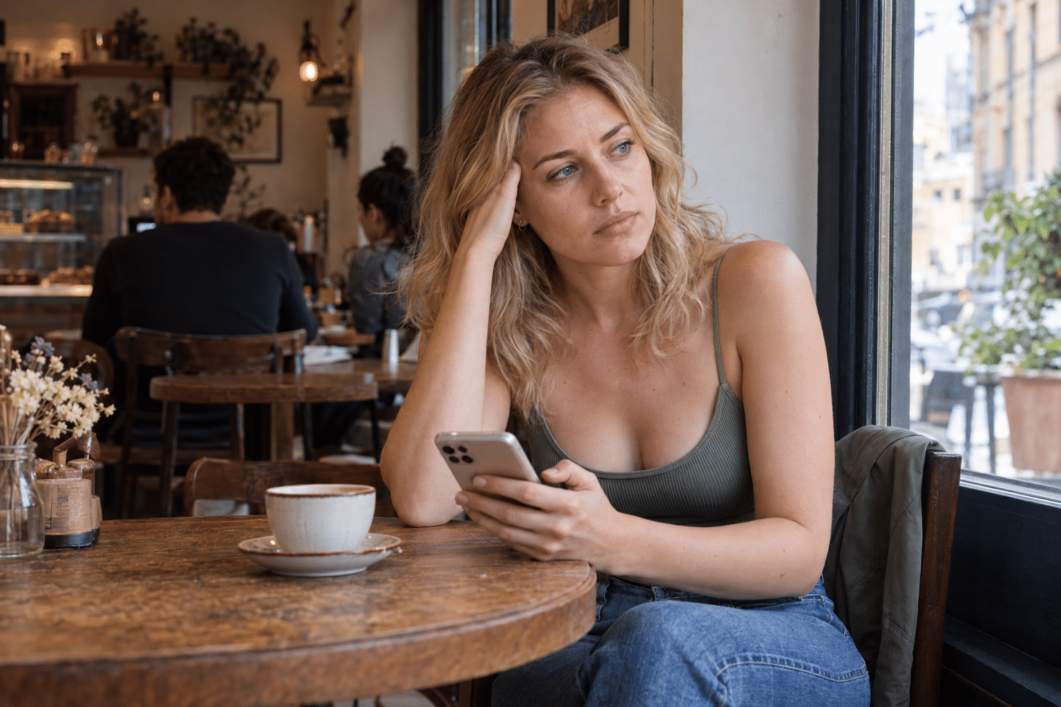 カフェでスマートフォンを手に、頬杖をついて窓の外を見る女性