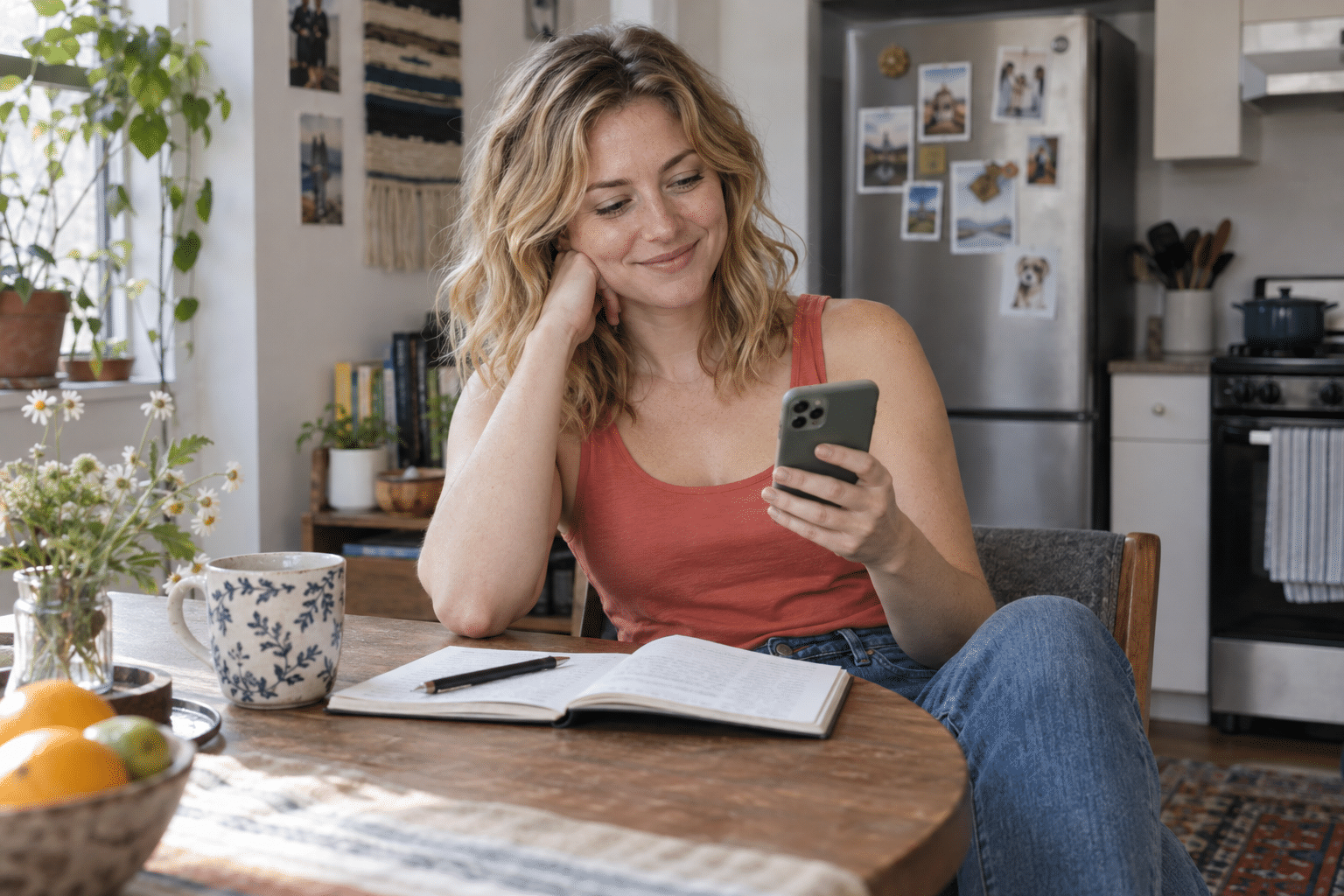 明るい窓辺でスマートフォンを読み、柔らかく笑う女性
