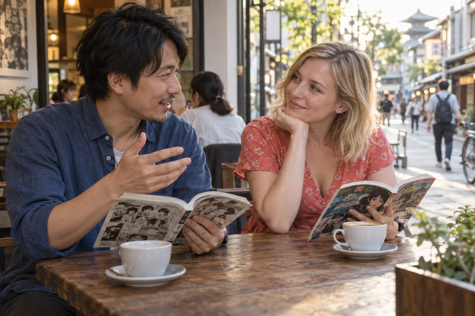 カフェで漫画を開きながら会話を楽しむ男女