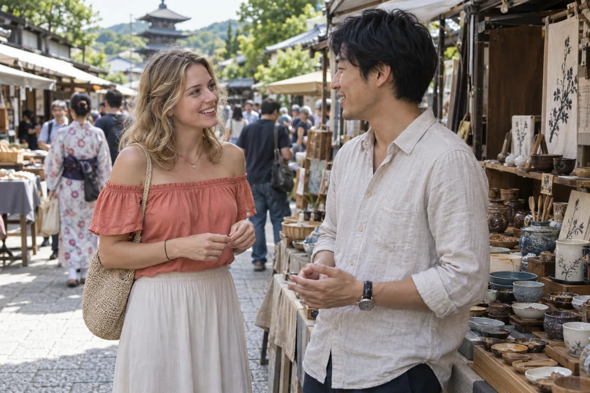 屋外のマーケットで会話をする男女