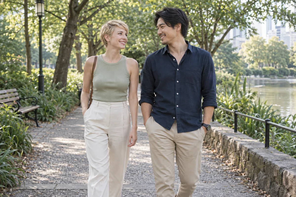 緑の公園を並んで歩く男女