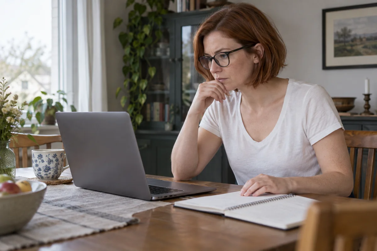 ノートを開きノートパソコンの情報を確認する眼鏡の女性