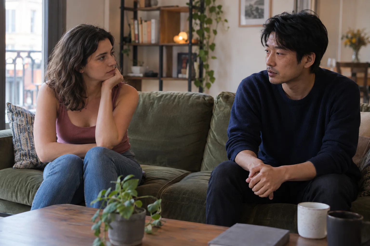 ソファで向き合い、真剣に話をする男女