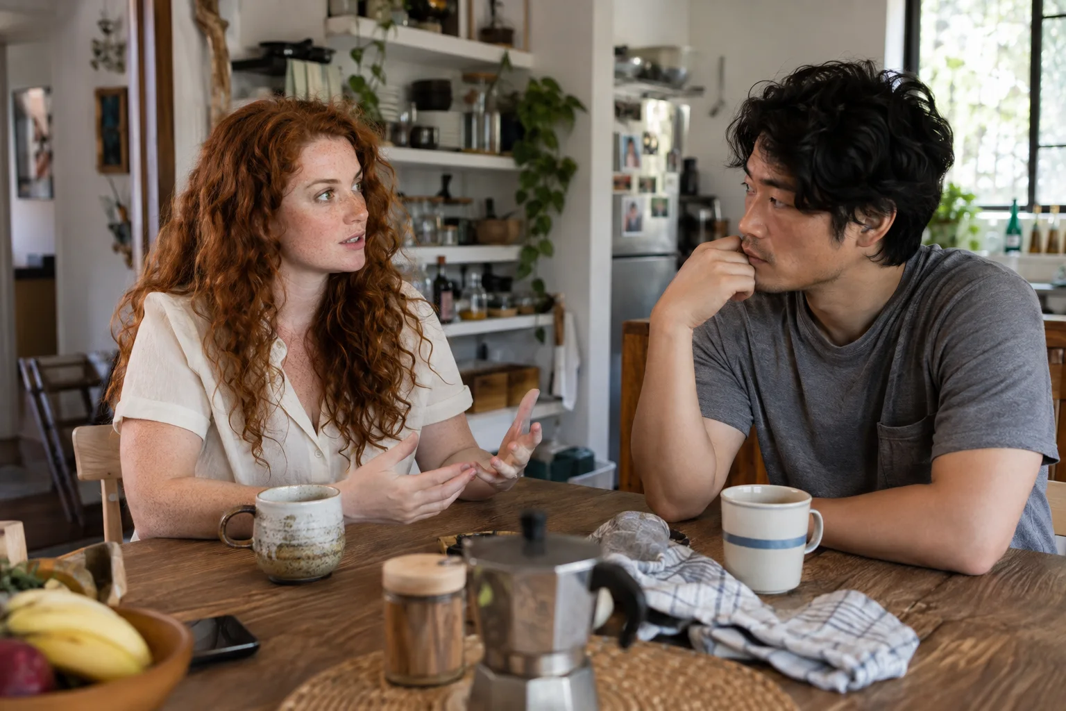 食卓で家のことを話す女性と、話を聞く男性