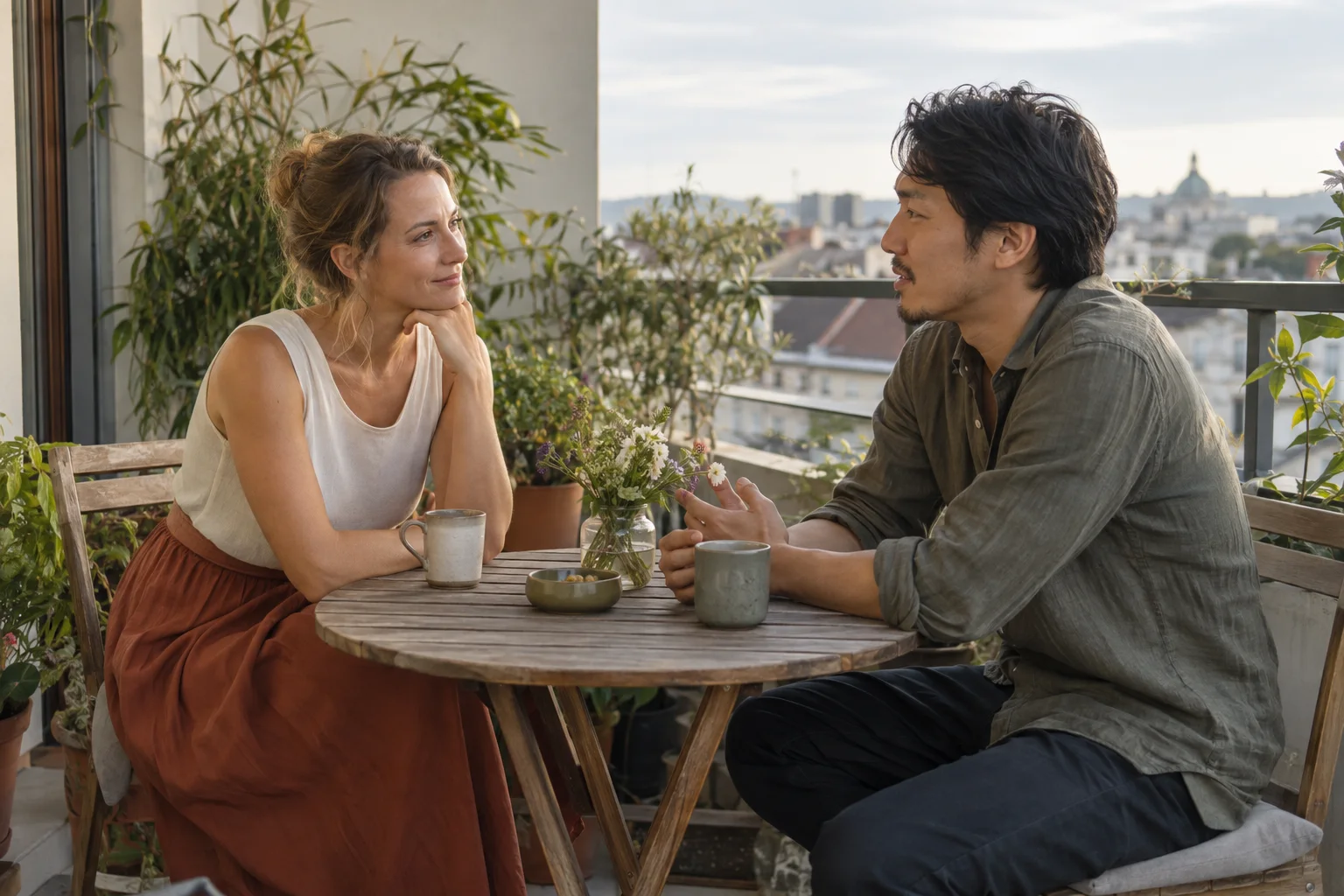 バルコニーのテーブルで落ち着いて会話する男女