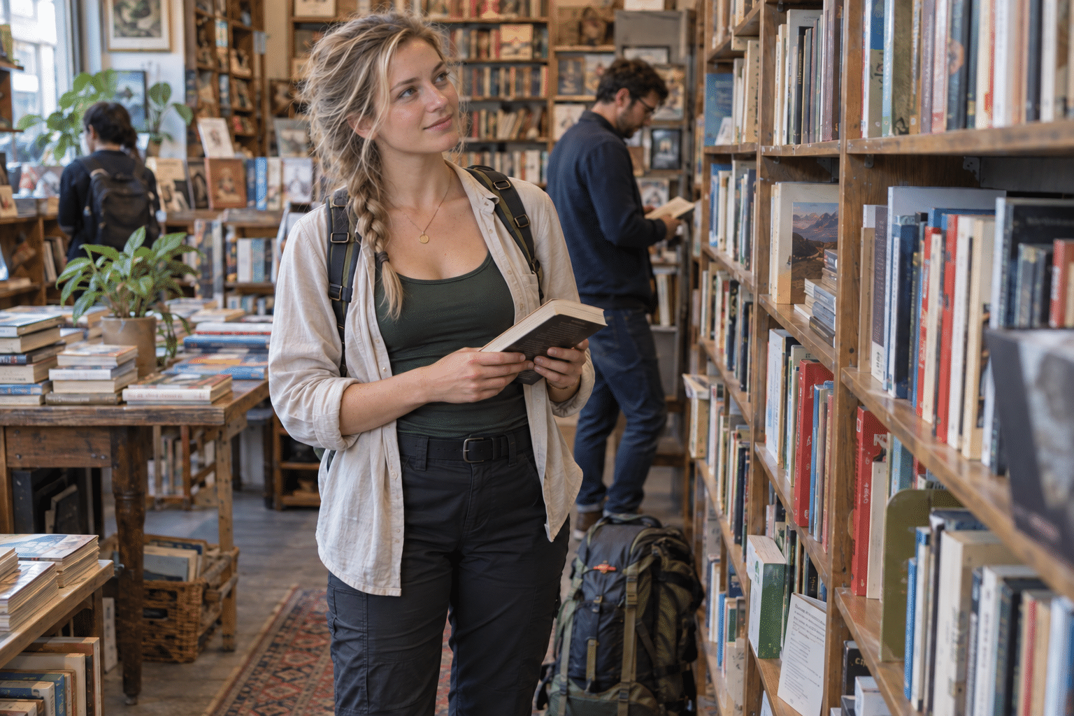 本屋で本を選ぶ登山好きの女性