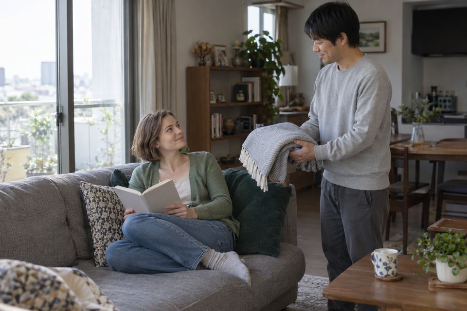ソファで読書する妻に毛布を差し出す夫