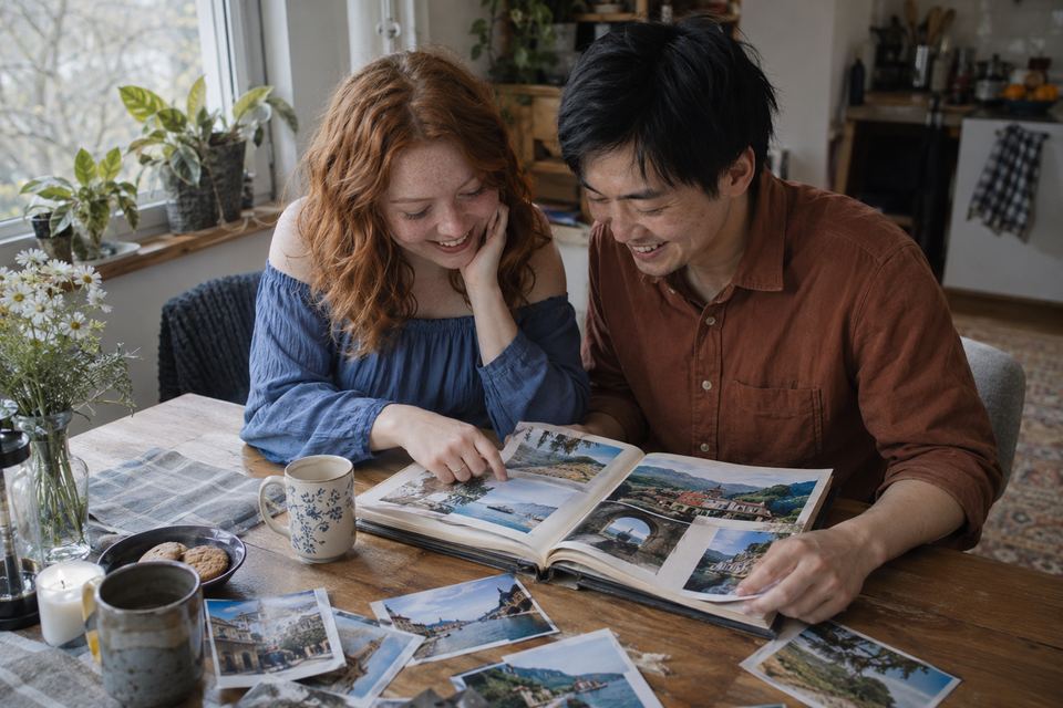 旅行のアルバムを一緒に見て笑う夫婦