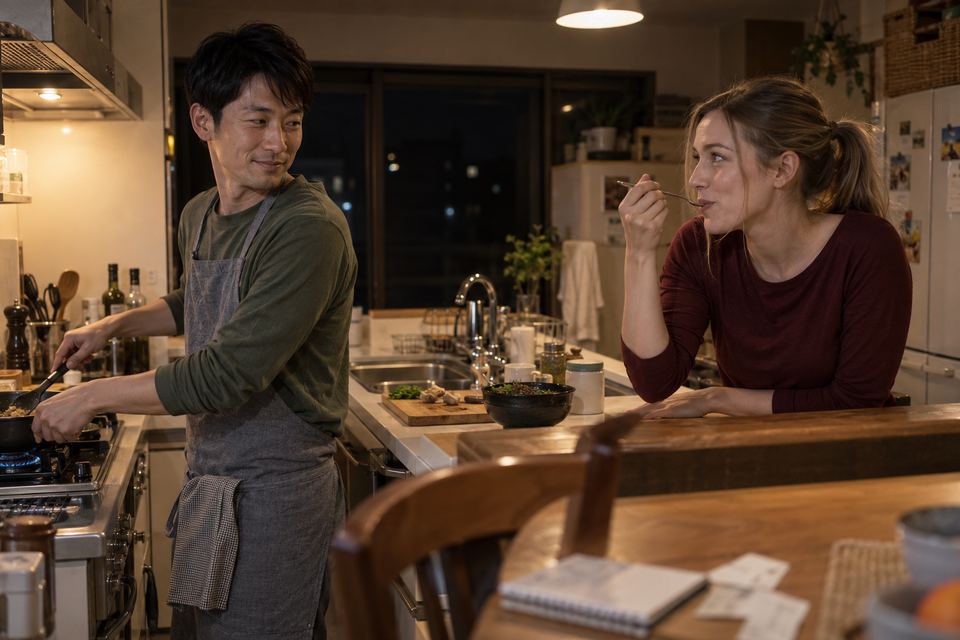 夜のキッチンで料理する夫と味見をする妻