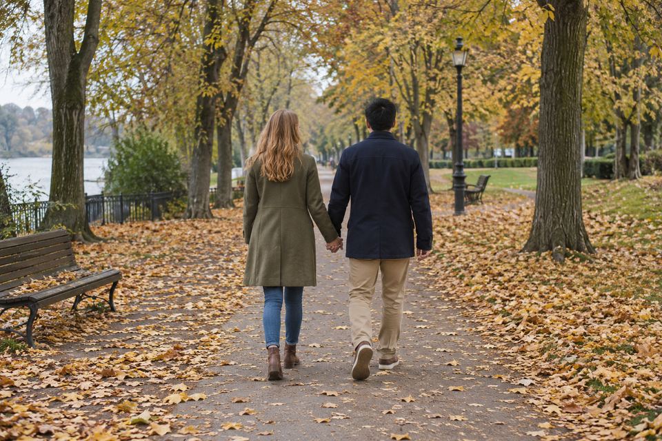 秋の公園の並木道を手をつないで歩く夫婦の後ろ姿