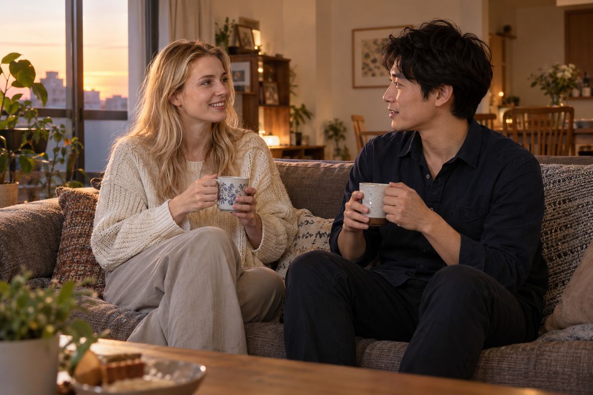 夕日の入るリビングでマグカップを手に語り合う夫婦
