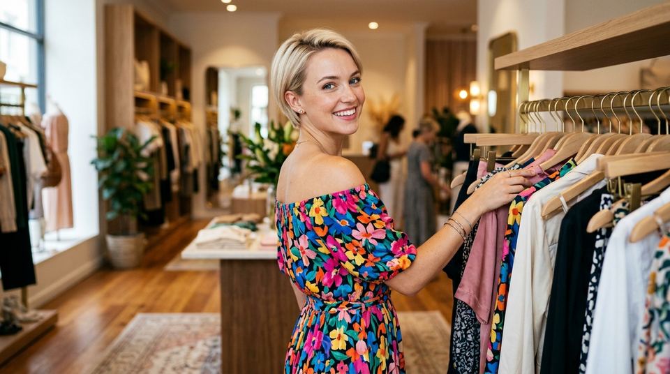 ショップで服を選ぶ笑顔の女性