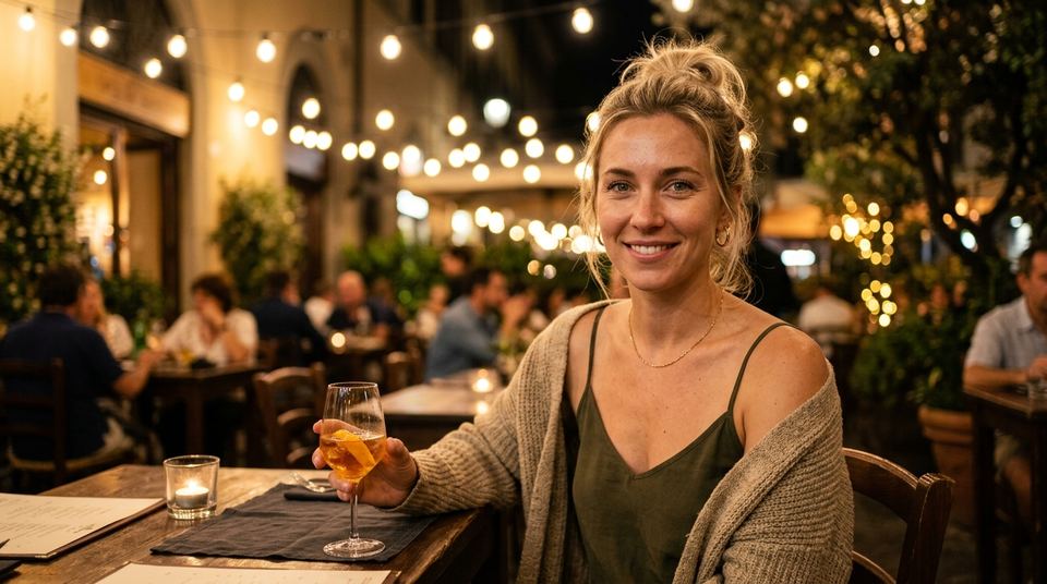 夜のテラス席でグラスを持って微笑む女性