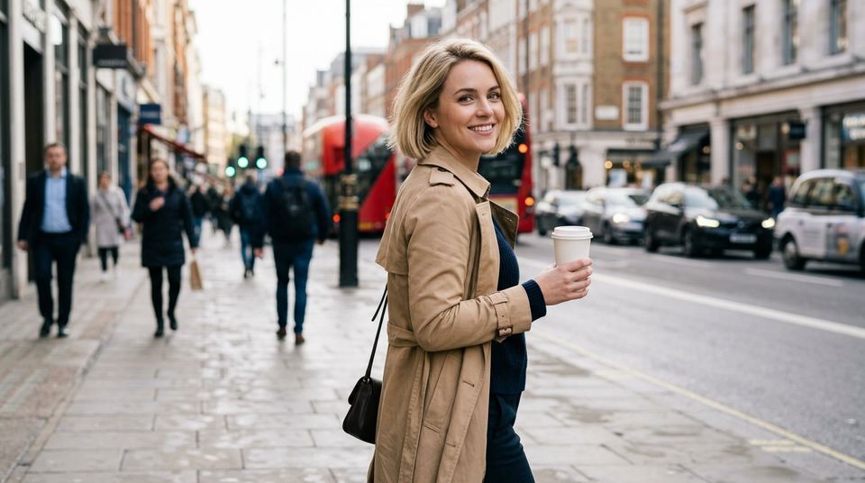 朝の通勤路でコーヒーを持って振り向く女性