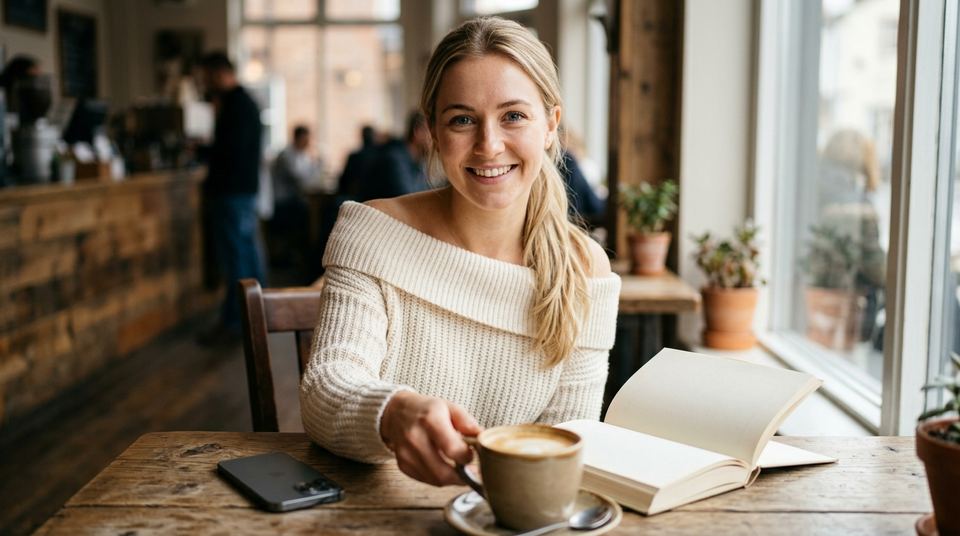 スマホを裏返してコーヒーと本を楽しむ女性