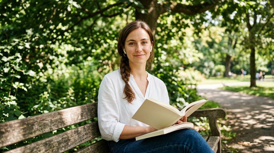公園のベンチで本を読む女性