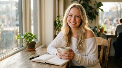 朝の窓辺でコーヒーを持ち、ノートを前に微笑む女性
