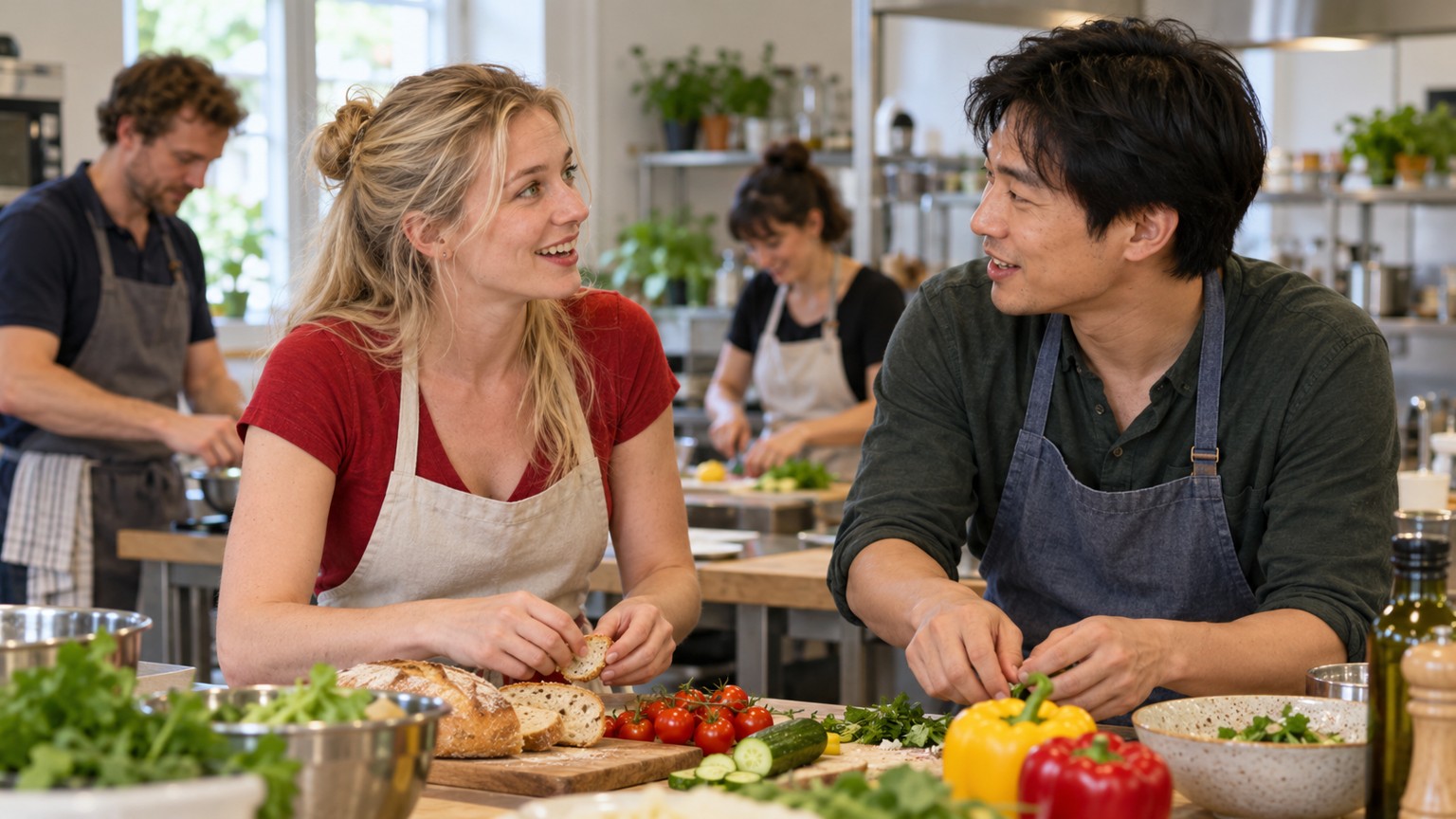 料理教室で野菜を切りながら笑顔で話す成人の男女