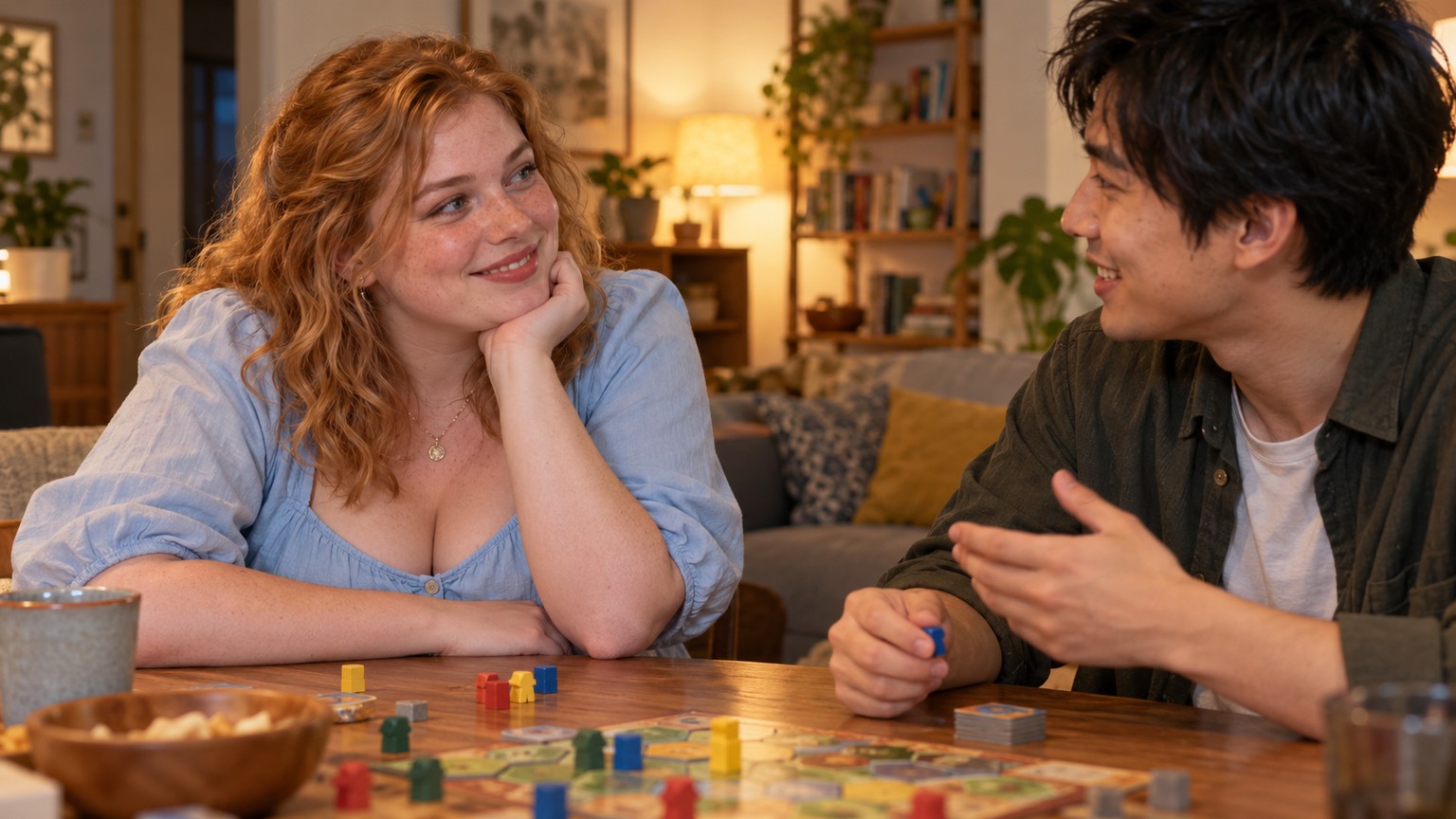 ボードゲームを囲みながら男性の話を聞く赤毛の成人女性
