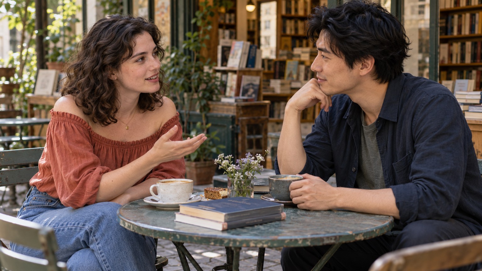 本のあるカフェで向かいの男性と楽しそうに話す成人女性