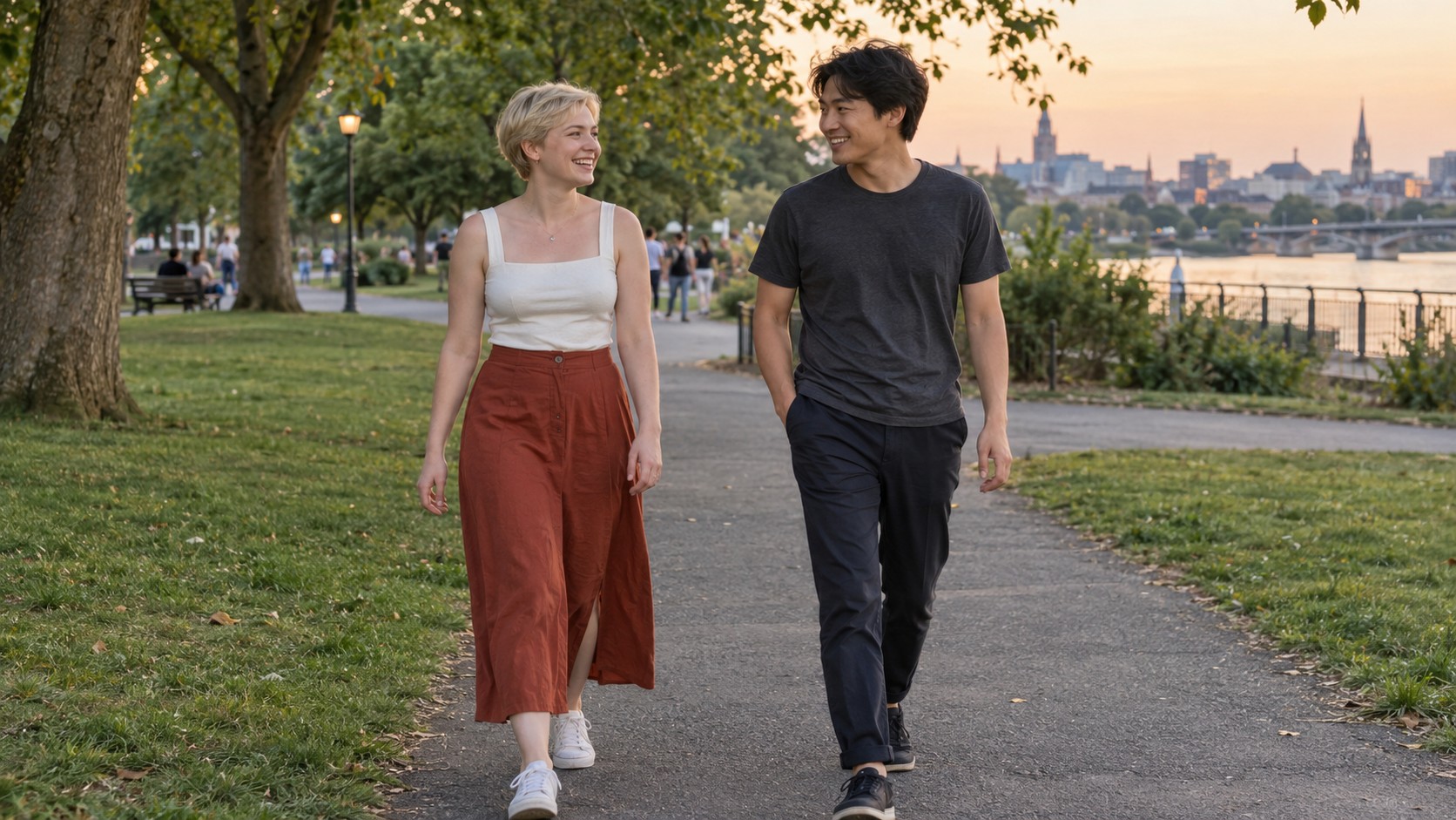 夕方の公園を会話しながら歩く成人女性と日本人男性