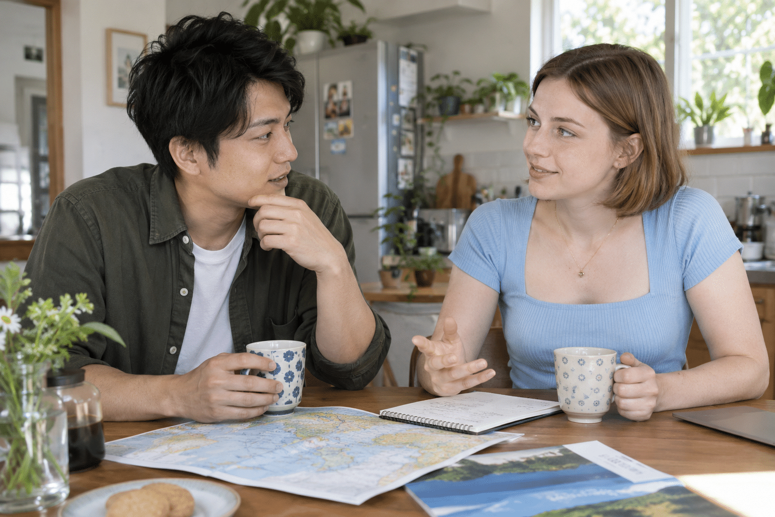 暮らしについて話し合う国際カップルのイメージ