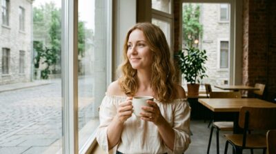 静かなカフェでコーヒーを楽しむ女性
