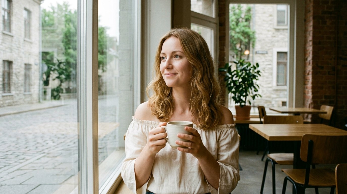 静かなカフェでコーヒーを楽しむ女性